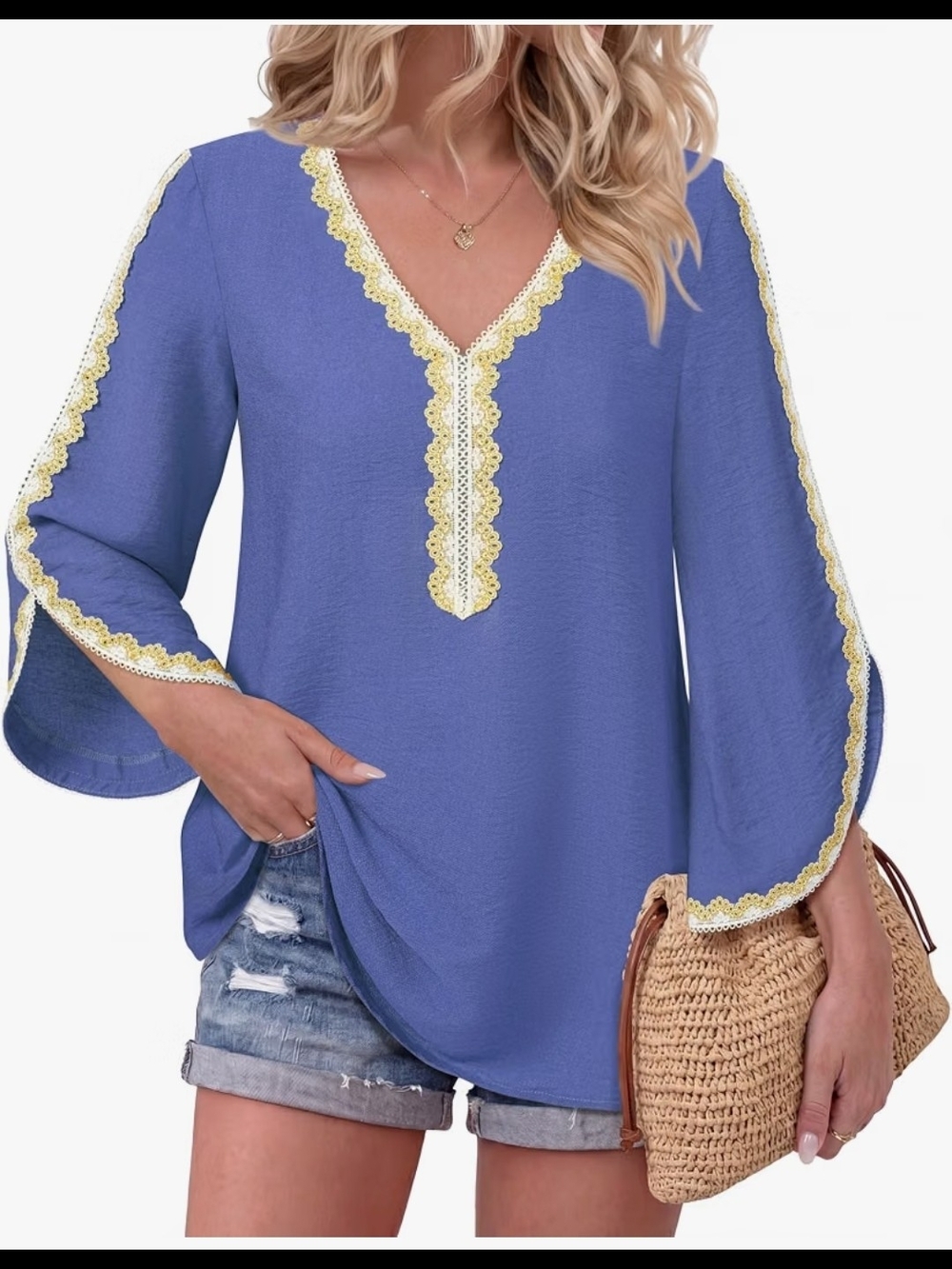 Violet Blue V‑Neck Lace‑Trim Tunic Top